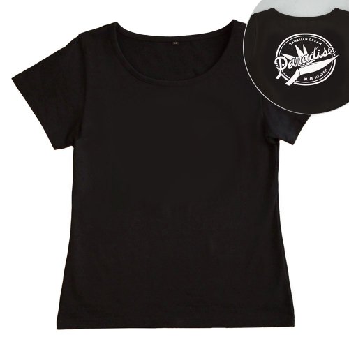 【3Lサイズ】半袖 黒色 フラTシャツ ［フロント 無地 / バック バードオブパラダイス(白)］