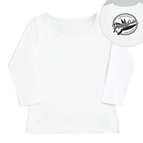 【Mサイズ】七分袖 白色 フラTシャツ ［フロント 無地 / バック バードオブパラダイス(黒)］