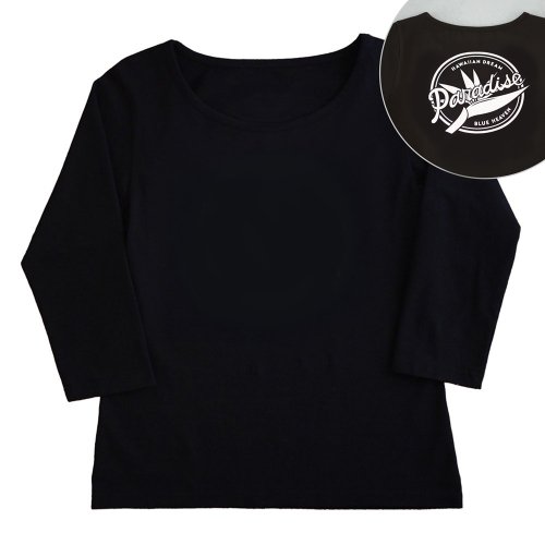 【4Lサイズ】七分袖 黒色 フラTシャツ ［フロント 無地 / バック バードオブパラダイス(白)］