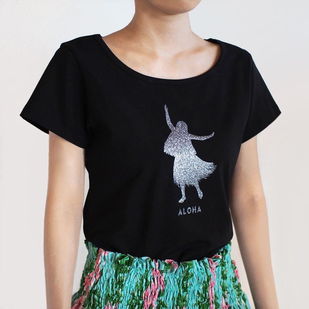 半袖 黒色 フラTシャツ シルバー フラガール柄D フラダンス衣装