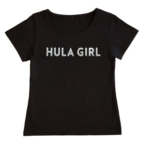 【Mサイズ】半袖 黒色 フラTシャツ “HULA GIRL“ （ラメホワイトシルバー）