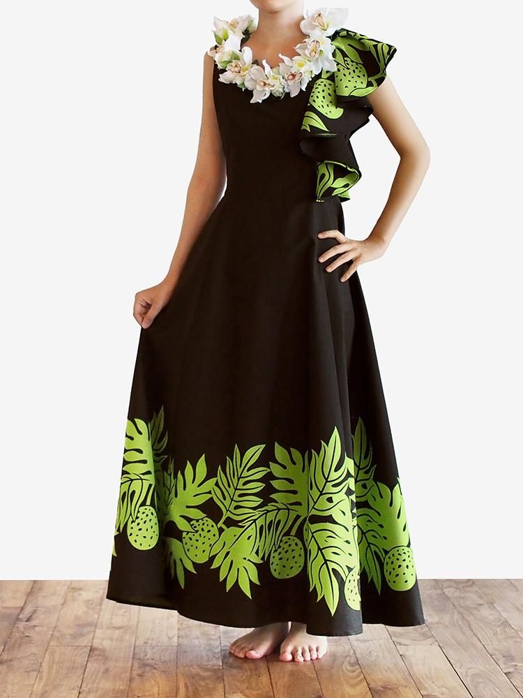 フラダンス用ドレス　8点 フラドレス87 ウル柄001 ブラック×ライム【ブルーヘヴンリザーヴ