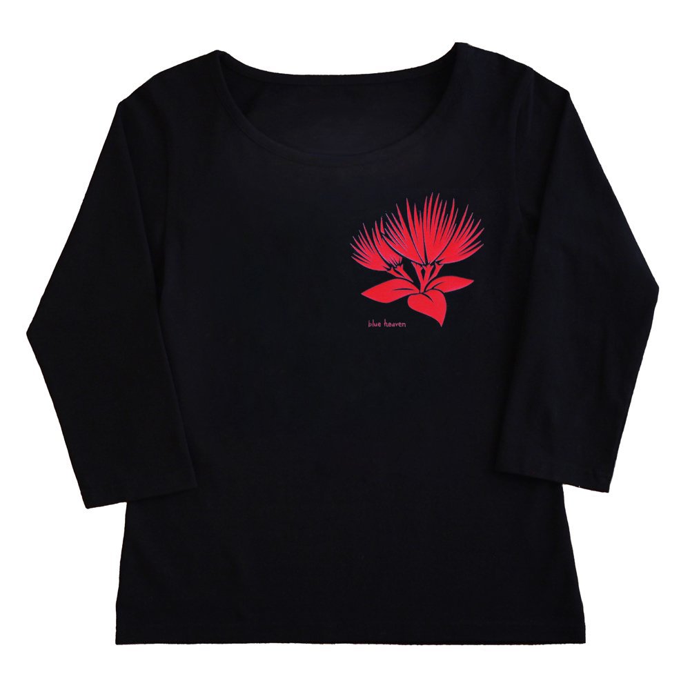 【Sサイズ】七分袖 黒色 フラTシャツ レフア柄（赤） フラダンス衣装・パウスカートの通販ショップ【ブルーヘヴンカンパニー】