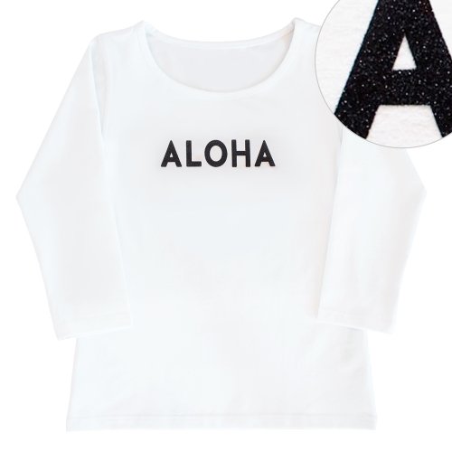 【3Lサイズ】七分袖 白色 フラTシャツ “ALOHA”（ラメブラック）