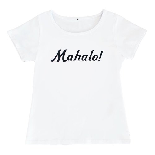 【Mサイズ】半袖 白色 フラTシャツ “Mahalo!“（黒）