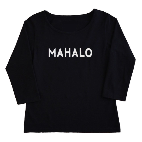【4Lサイズ】七分袖 黒色 フラTシャツ “MAHALO“ 白