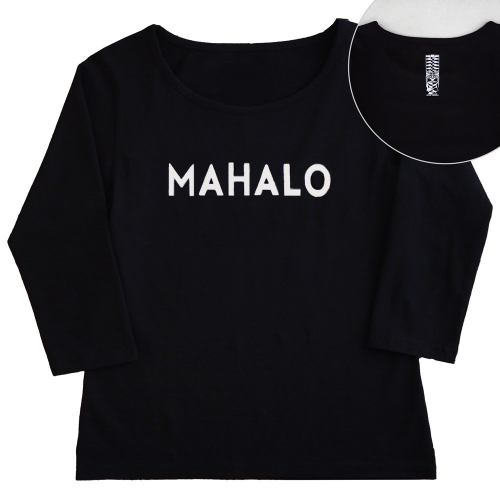 【4Lサイズ】七分袖 黒色 フラTシャツ ［フロント MAHALO / バック ティキ］