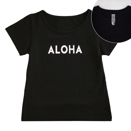 【Mサイズ】半袖 黒色 フラTシャツ ［フロント ALOHA / バック ティキ］