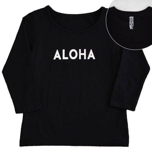 【4Lサイズ】七分袖 黒色 フラTシャツ ［フロント ALOHA / バック ティキ］