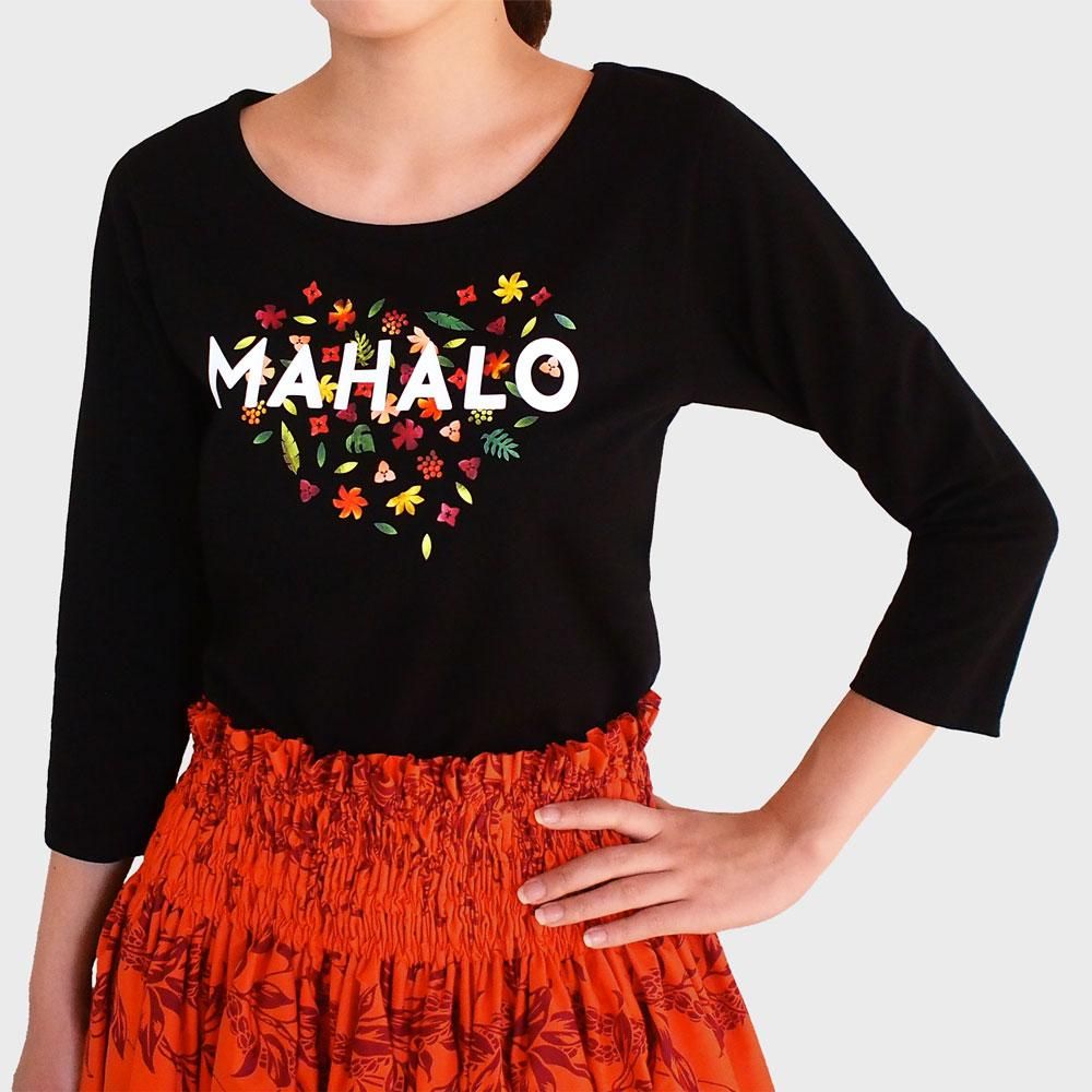 Mサイズ】七分袖 黒色 フラTシャツ “MAHALO HEART“ フラダンス