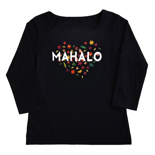 【3Lサイズ】七分袖 黒色 フラTシャツ “MAHALO HEART“