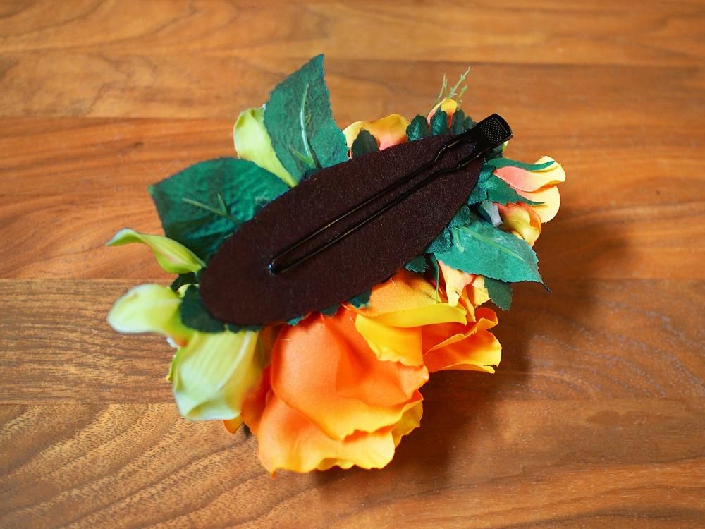 ヘアクリップ46 オレンジ キングローズ＆シンビジューム【お届けまで3