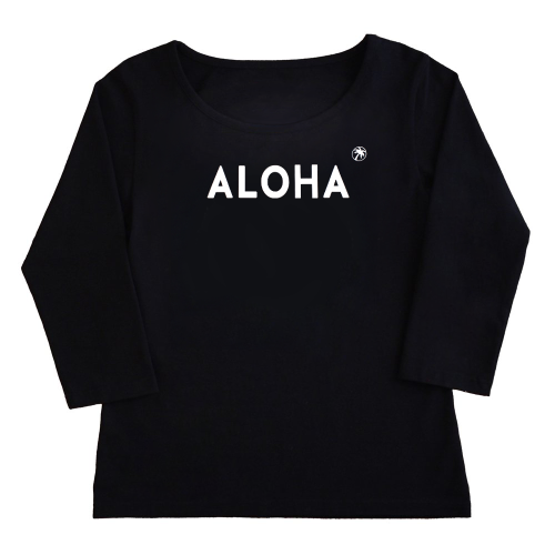 【Mサイズ】 七分袖 黒色 フラTシャツ “ALOHA&椰子“ (白)