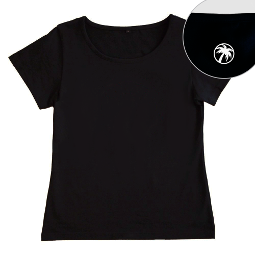 【2Lサイズ】 半袖 黒色 フラTシャツ［フロント 無地 / バック ワンポイント椰子柄 (白)]