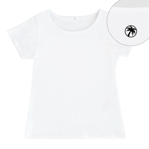【3Lサイズ】 半袖 白色 フラTシャツ［フロント 無地 / バック ワンポイント椰子柄 (黒)]