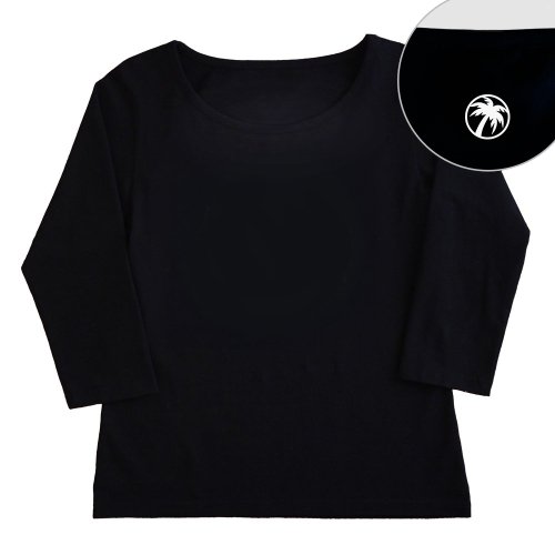 【Sサイズ】 七分袖 黒色 フラTシャツ［フロント 無地 / バック ワンポイント椰子柄 (白)]