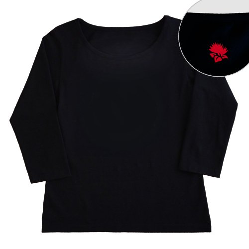 【Sサイズ】七分袖 黒色 フラTシャツ［フロント 無地 / バック ワンポイントレフア柄（赤）]