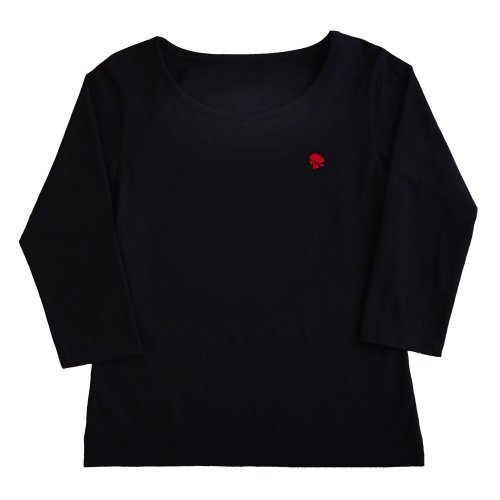【Lサイズ】 七分袖 黒色 フラTシャツ ワンポイントレフア柄（赤）