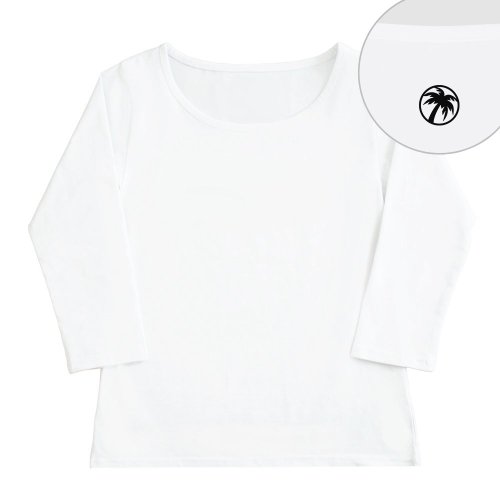 【5Lサイズ】 七分袖 白色 フラTシャツ［フロント 無地 / バック ワンポイント椰子柄 (黒)]
