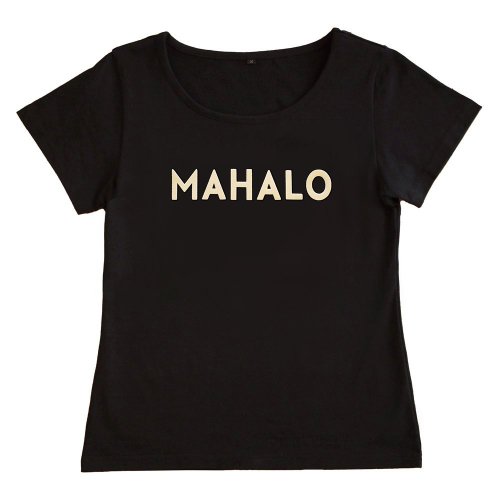 【Mサイズ】半袖 黒色 フラTシャツ “MAHALO“ （フロッキーベージュ）