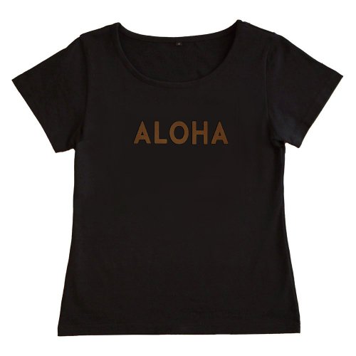 【Lサイズ】半袖 黒色 フラTシャツ “ALOHA”（フロッキーブラウン）