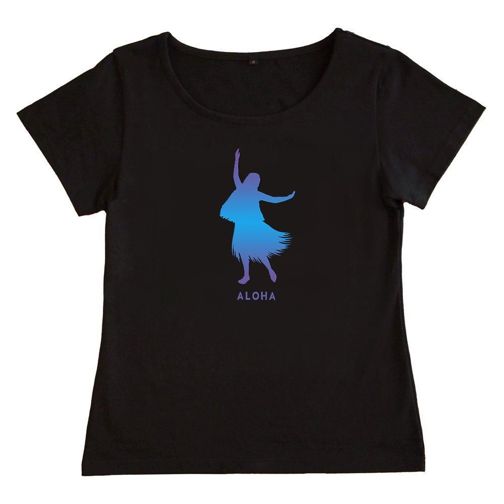 Mサイズ】半袖 黒色 フラTシャツ フラガール柄D（オーロラ