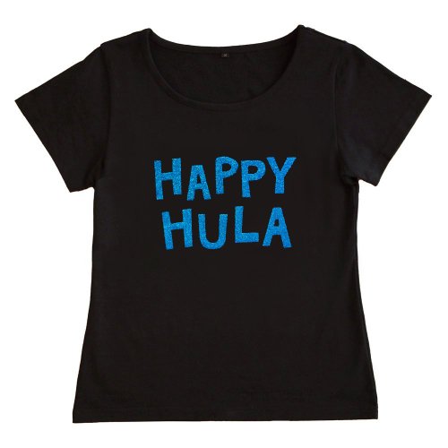 【Sサイズ】半袖 黒色 フラTシャツ “HAPPY HULA” （ラメブルー）