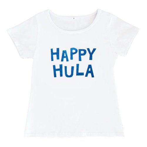 【Mサイズ】半袖 白色 フラTシャツ “HAPPY HULA” （ラメブルー）
