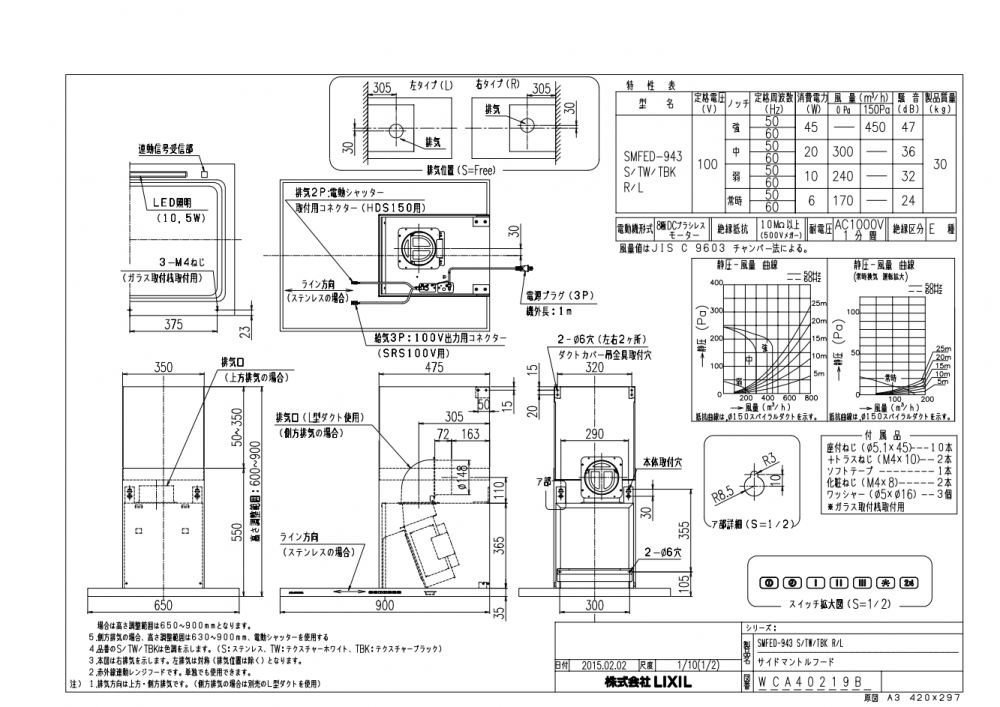 レンジフード 富士工業製（LIXIL） SMFED-943S(R/L) 間口90cm ステンレス センターキッチン・対面キッチン用 サイドマントルFEDタイプ  ダクトカバー付き