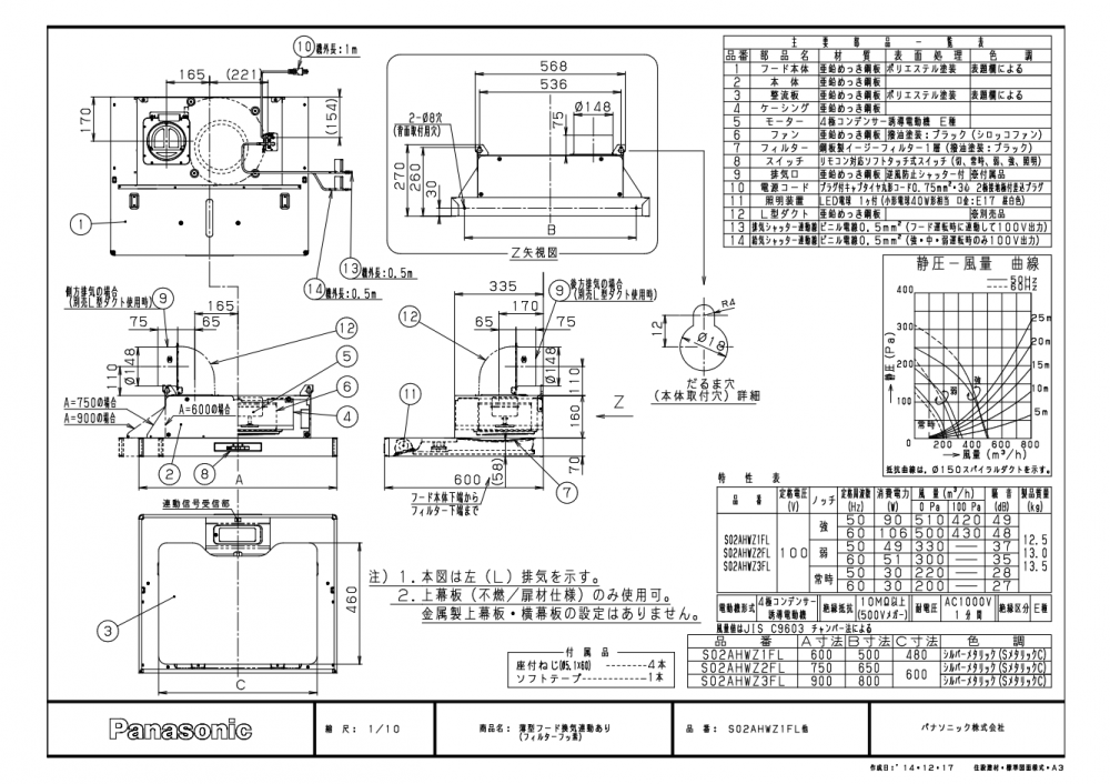 レンジフード  富士工業製（Panasonic）QSS02AHWZ1F(R L)　間口60cm　シルバー　梁対応　薄型フード 上幕板付き - 5