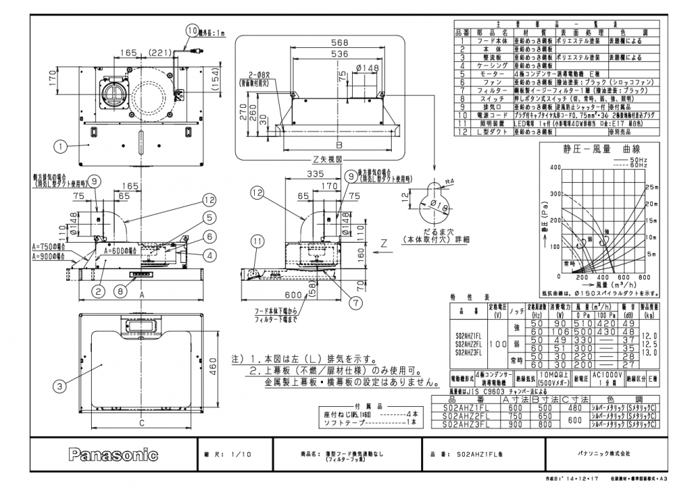 レンジフード 富士工業製（Panasonic）QSS02AHZ2F(R/L) 間口75cm シルバー 梁対応フード 薄型フード 上幕板付き