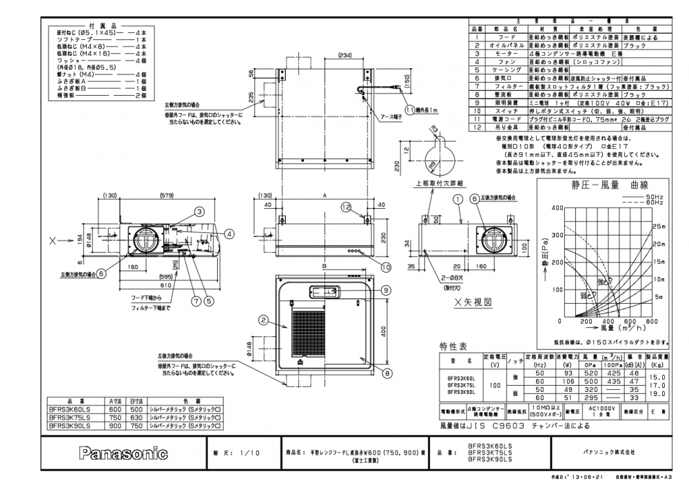 レンジフード 富士工業製（Panasonic） JUGBFRS3K75(R/L)S 間口75cm シルバー 梁対応フード 平型フード（直排気用）  上幕板付き