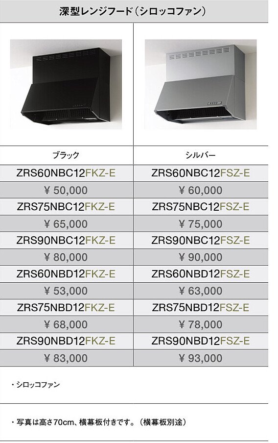 クリナップ　深型レンジフード　シロッコファン　ブラック ホワイト　専用横幕板　高さ60cm用　ZRYZZNBC20FKZ-A ZRYZZNBC20FWZ-A