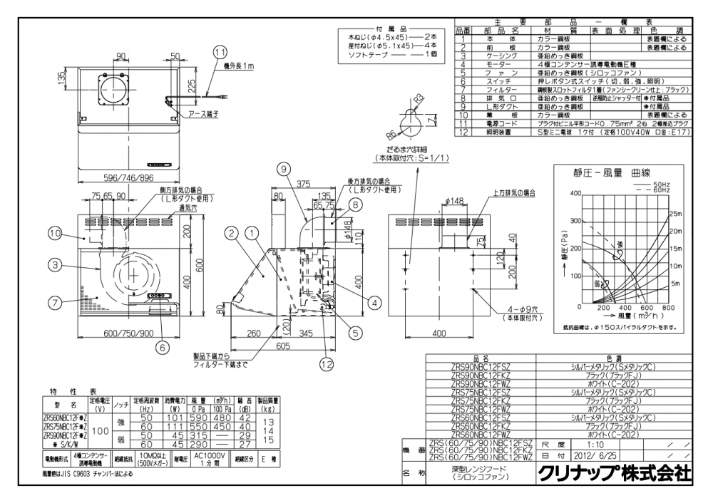 お金を節約 ZRY75MBB10FKZ-E レンジフード部材 クリナップ