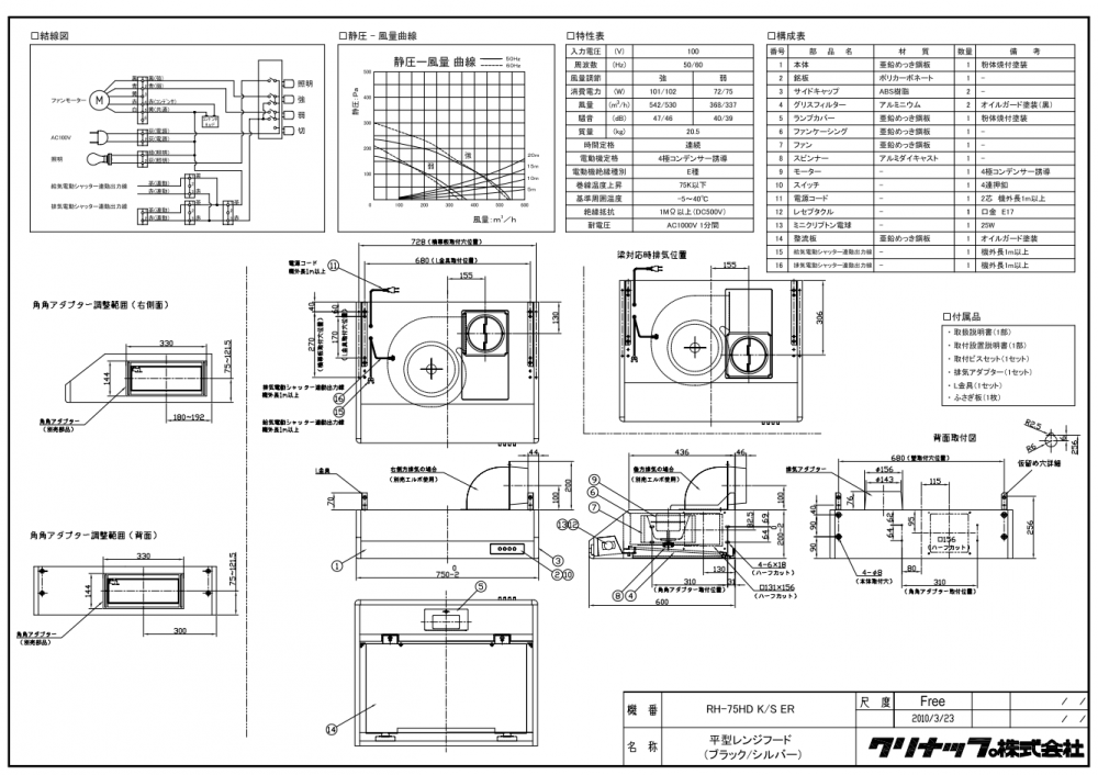 レンジフード クリナップ RH-75HDKE(R/L) 間口75cm ブラック 平型レンジフード 上幕板付き