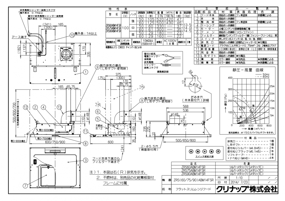 クリナップ ZRS75ABM14FS-E 間口75cm シルバー フラットスリムレンジ