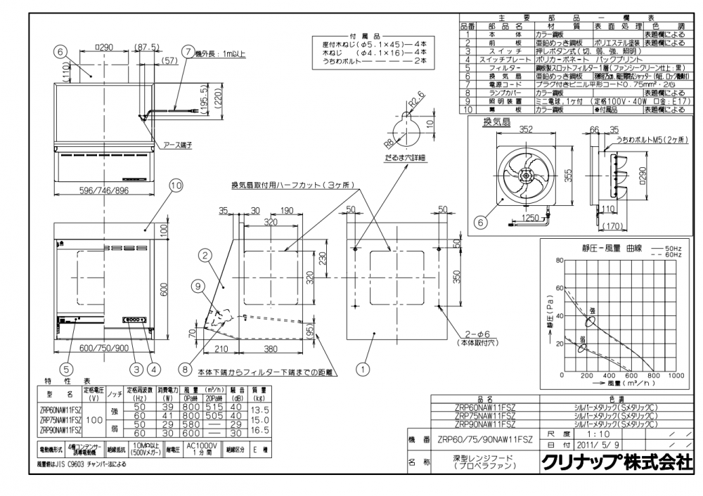 レンジフード クリナップ ZRP75NAU11FSZ 間口75cm 高さ60cm シルバー 深型レンジフード（プロペラファン） 上幕板付き