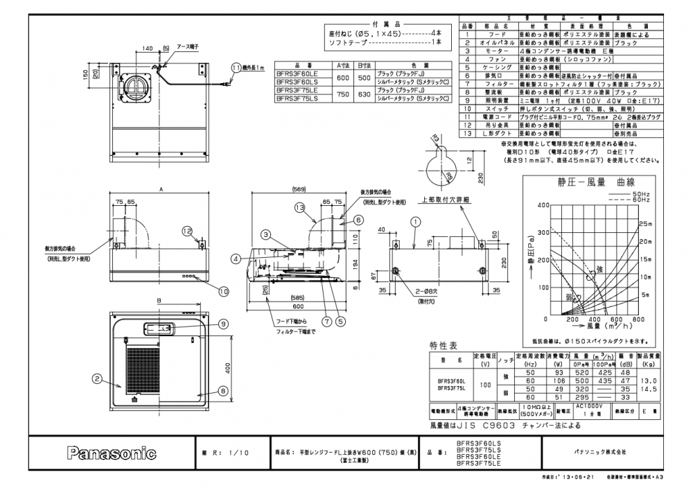 レンジフード 富士工業製（Panasonic） LEBFRS3F75(R/L)S 間口75cm シルバー 梁対応フード 平型フード（上排気用）  上幕板付き