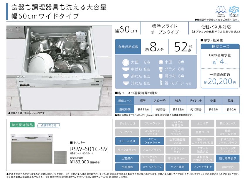 食器洗い乾燥機 リンナイ製（Rinnai）RSW-601C-SV 浅型タイプ 【パネル 