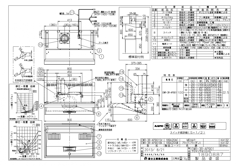 レンジフード 富士工業製（Rinnai）EWR-3R-AP901SV 間口90cm シルバーメタリック EWRシリーズ クリーンフード 上幕板付き