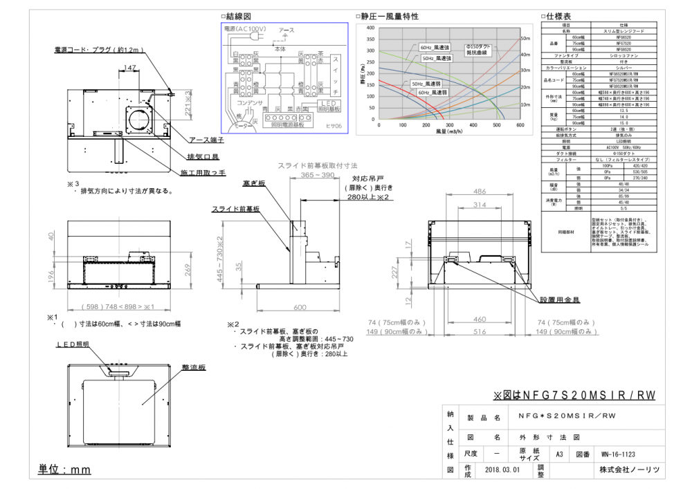 毎日続々入荷 NFG7S20MSI-R ノーリツ レンジフード シロッコファン 間口750mm スリム型ノンフィルター コンロ連動なし スライド前幕板同梱  ダクト位置右 シルバー