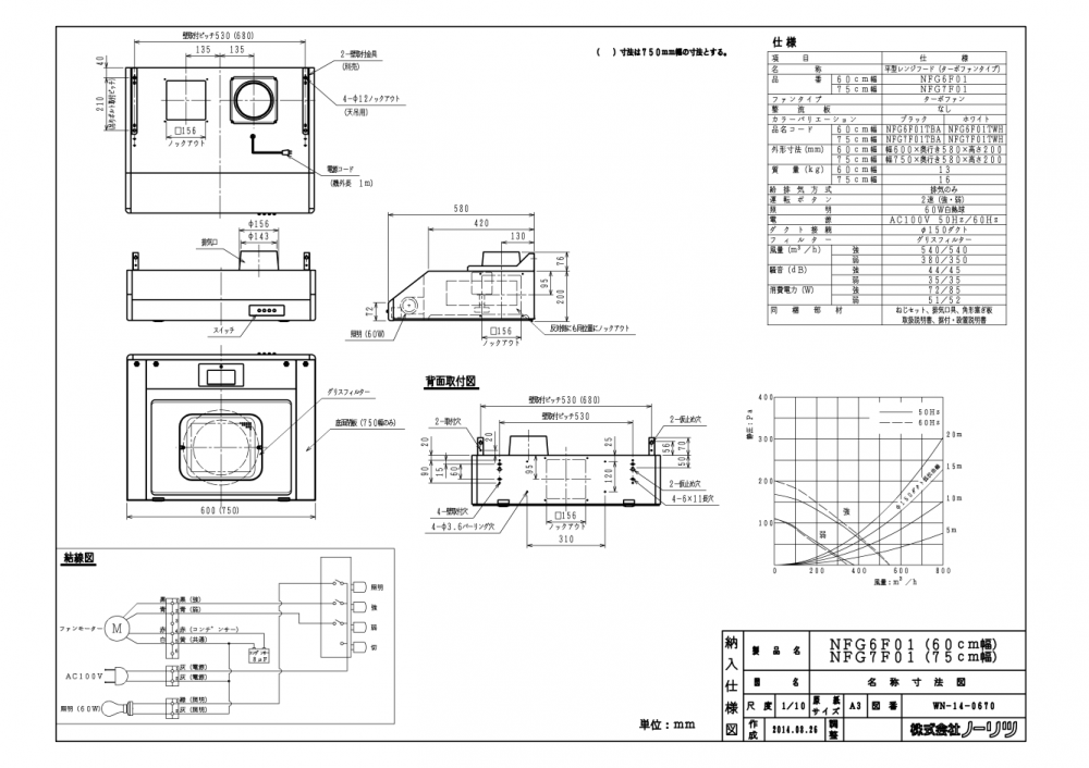 レンジフード 渡辺製作所製(NORITZ)NFG6F01TBA 間口60cm レンジフード 渡辺製作所製(NORITZ)NFG6F01TBA 間口60cm