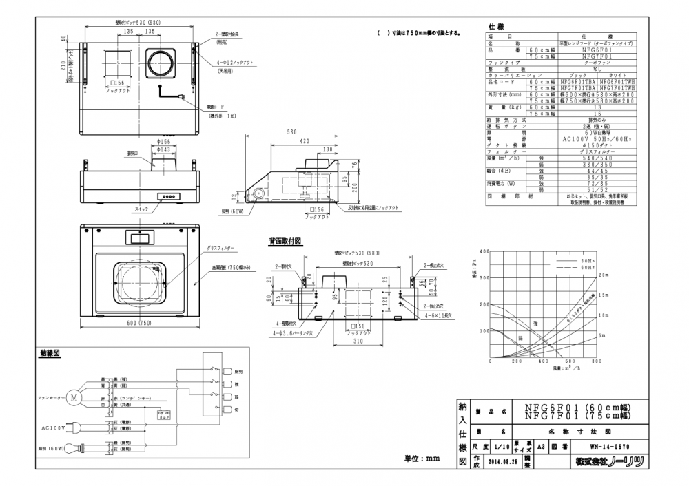 レンジフード 渡辺製作所製（NORITZ）NFG6F01TBA　間口60cm　ブラック　平型（ターボファン）