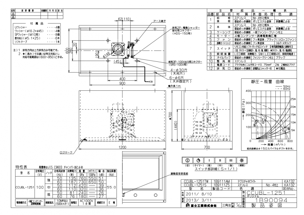 レンジフード アリアフィーナ製（富士工業）CCUBL-1251S 間口120cm ステンレス センタークーボ 天井取付けタイプ