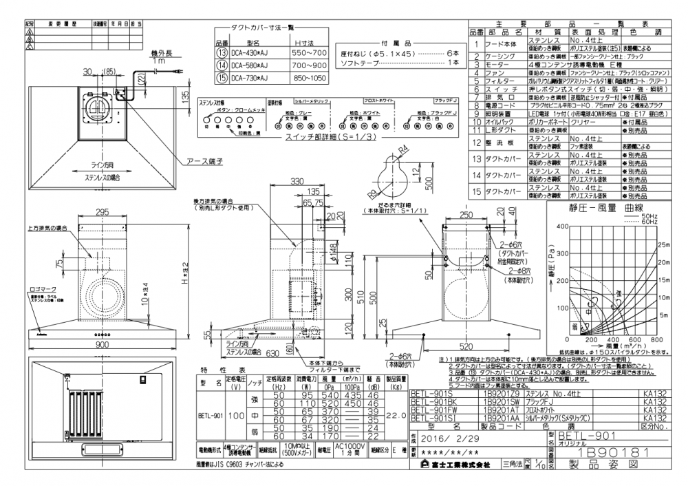 レンジフード アリアフィーナ製（富士工業）BETL-901S 間口90cm