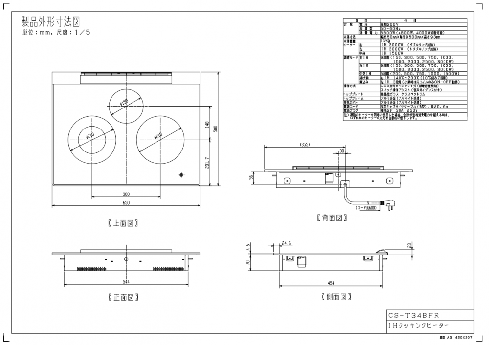 89%OFF!】 キッチン家電のアウトレット店在庫あり 三菱 ビルトイン IHクッキングヒーター CS-T34BFR 幅65cm 3口IH グリルなし  ユーロスタイル