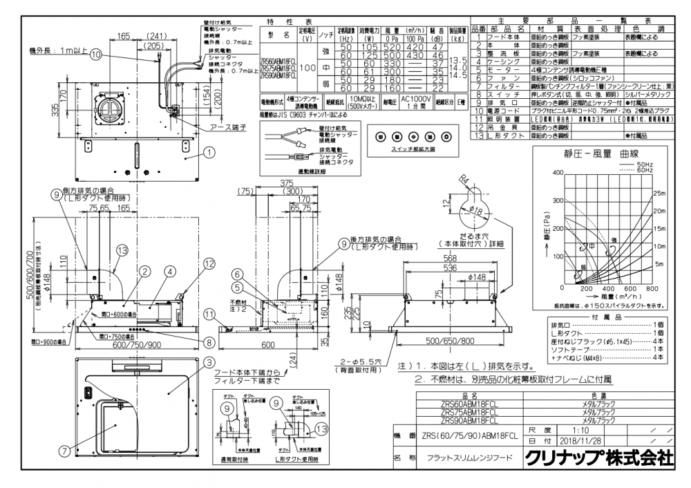 最新作の クリナップ フラットスリム レンジフード 間口60ｃｍ 左排気 メタルブラック ※幕板別売