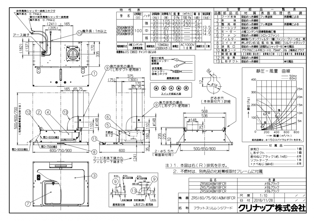 全国総量無料で ZRP75NBB12FKZ-E レンジフード 換気扇 間口：75cm 750mm クリナップ ZRP75NBB12FKZ-EB