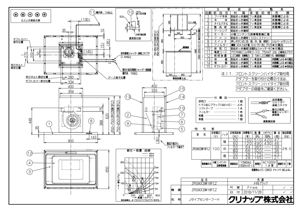 レンジフード クリナップ ZRS90CBW18FCZ-E 間口90cm メタルブラック Jタイプセンターフード ダクトカバー付き