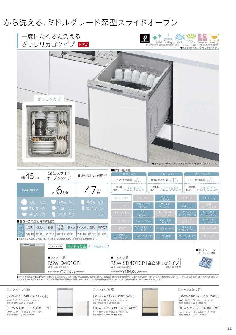 食器洗い乾燥機 リンナイ製（Rinnai）RSW-D401GP ぎっしりカゴタイプ 深型 【パネル別売】
